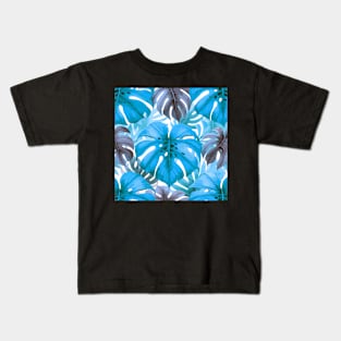 Blue Monstera Tropical Leaves Kids T-Shirt